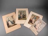 quatre gravures anciennes représentant des femmes en robe et chapeau, posées sur une table