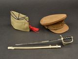 a hat, sword, and hat rest on a table