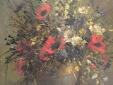 a painting of flowers in a vase on a table