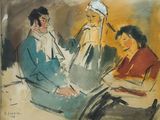 painting of three people sitting at a table, one of them is reading