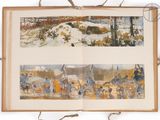 two pages of a book with pictures of people in the snow
