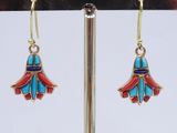 turquoise and red enamel flower earrings on a gold plated hook