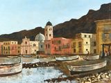 a painting of boats in a harbor with buildings in the background