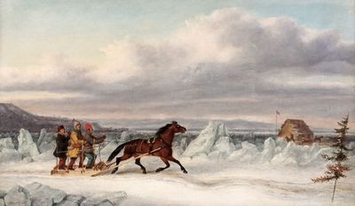 tableau représentant un homme à cheval tirant un traîneau dans la neige