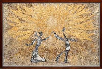 tableau représentant deux personnes dansant, les mains levées, devant un soleil