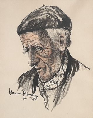 drawing of an old man with a hat and tie smoking a pipe