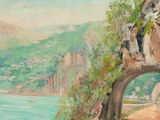 an image of a painting of a man riding a horse on a path