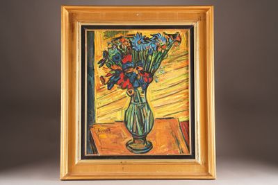 a painting of flowers in a vase on a table