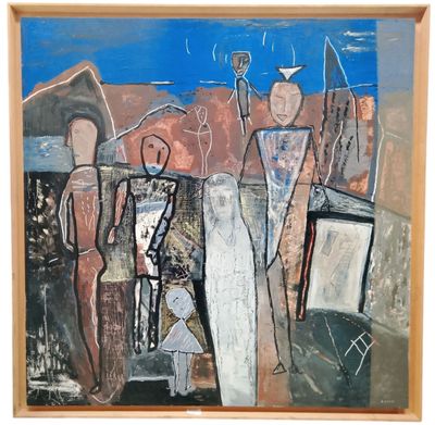 une peinture abstraite représentant un groupe de personnes se tenant debout devant un ciel bleu