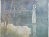 tableau représentant une femme en robe blanche debout dans un plan d'eau