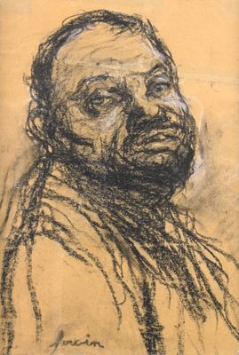 drawing of a man with a beard in a brown shirt