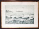 painting of a large body of water with a small island in the background