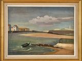 une peinture à l'huile représentant un bateau sur l'eau, près d'une plage