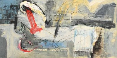 a painting of a woman sitting on a bench