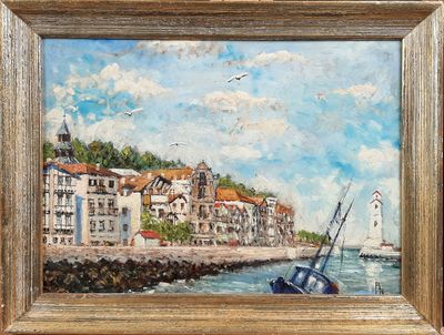 an oil painting of a sailboat on the water in front of a city