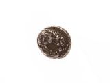 a close up of a coin on a white surface with a white background