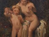 an oil painting of two nudes in a wooded setting