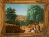 an oil painting of a village scene with people sitting on the ground