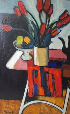 une peinture de fleurs dans un vase sur une table
