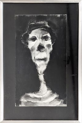 black and white painting of a woman with a hat on her head