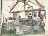 a drawing of a living room with furniture and a chandelier