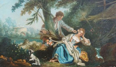 un tableau représentant une femme et un enfant dans les bois
