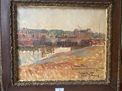 an oil painting of a view of a town with a bridge