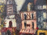 an oil painting of a boat on a river with buildings in the background