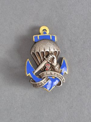 une photo d'une broche bleue et argentée sur laquelle figure un crâne