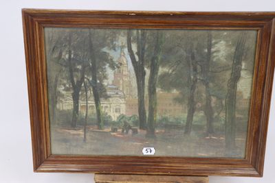 une peinture à l'huile représentant une scène de parc avec des arbres et un bâtiment en arrière-plan