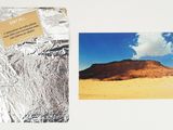 two pictures of a desert with a mountain in the background
