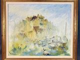 une peinture à l'huile représentant des bateaux dans un port par une journée ensoleillée