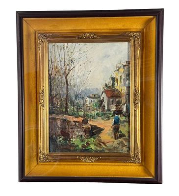 une peinture à l'huile représentant une scène de village avec un homme à cheval