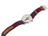 a close up of a watch with a red and blue strap