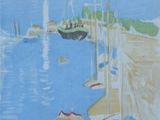 un tableau représentant des bateaux sur l'eau, près du rivage