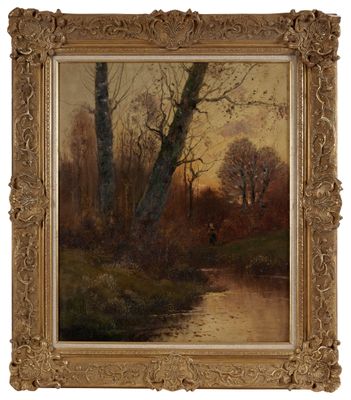 une peinture d'une rivière avec des arbres en arrière-plan