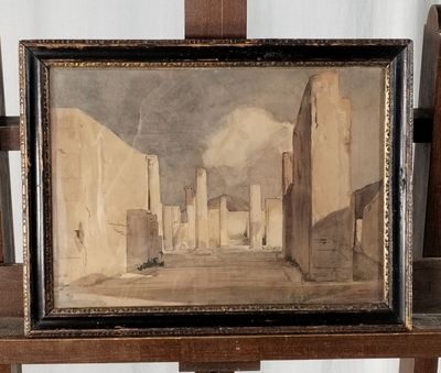 peinture sur chevalet représentant une scène de rue avec des bâtiments au loin
