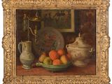 tableau représentant une nature morte composée de fruits et d'un vase posés sur une table