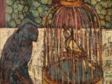 a painting of a bird in a cage with a bird inside of it