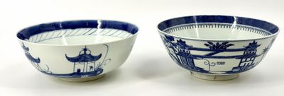 pair of blue and white bowls with designs of pagodas and pagodas on them