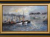 a painting of a harbor scene with boats in the water