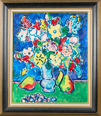 a painting of a vase of flowers and fruit on a table