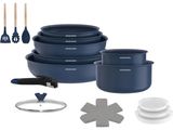a group of blue pots and pans sitting on top of each other
