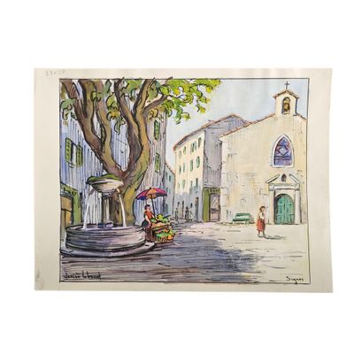 une aquarelle représentant une scène de rue avec une fontaine