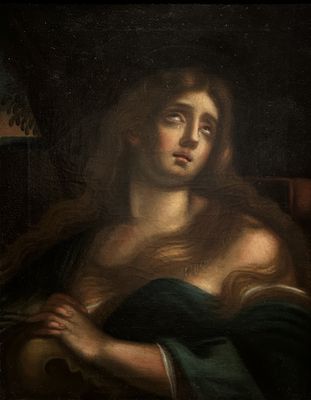 une peinture à l'huile représentant une femme aux longs cheveux assise sur une chaise