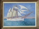 an oil painting of a sailboat sailing in the ocean
