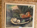 a painting of a plate of vegetables on a table