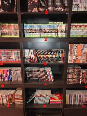 a lot of dvd ' s on the shelves in the room