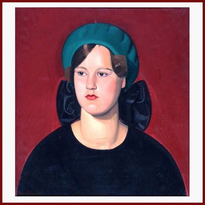 tableau représentant une femme portant un chapeau vert et une robe noire