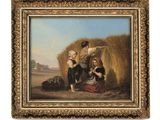 une peinture à l'huile représentant deux hommes et une femme assis sur une botte de foin